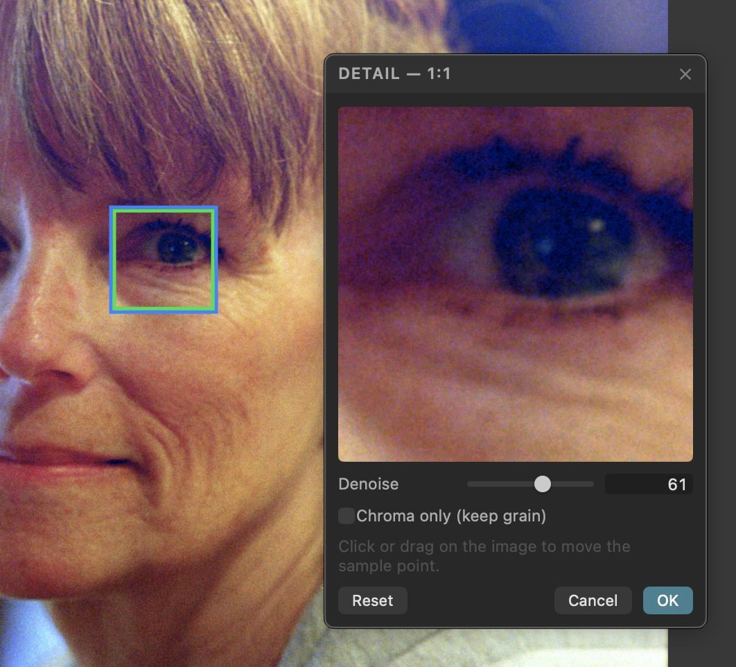 The same eye in the 1:1 detail loupe with denoise applied — color noise gone, detail preserved