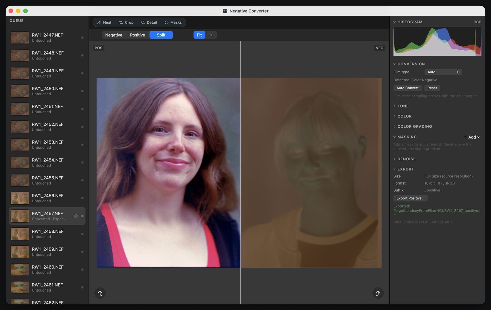 Negative Converter's split view: a finished color portrait on one side and the original orange-masked film negative on the other, with a queue of scanned negatives and conversion controls