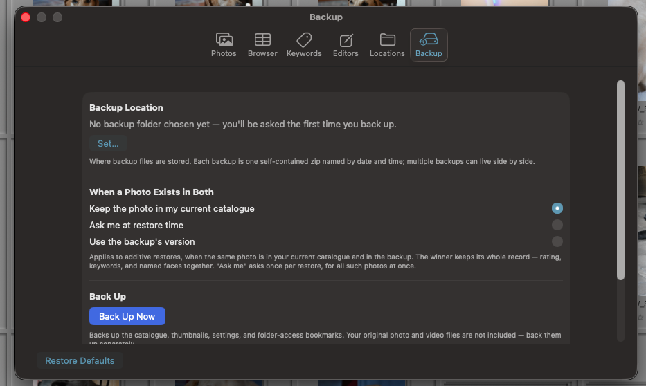 PhotoLibrarian's backup settings showing backup location, conflict policy, and a Back Up Now button