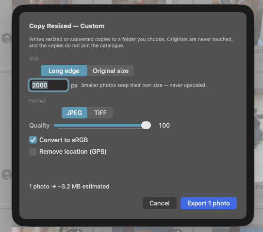 PhotoLibrarian's Copy Resized dialog with size, format, and quality options including JPEG, TIFF, and DNG