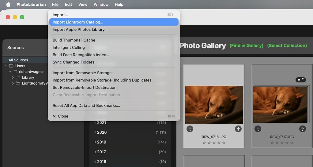 PhotoLibrarian's File menu showing Import Lightroom Catalog and Import Apple Photos Library commands